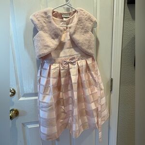 Girls Pink Bow-Accent Party Dress with Faux-Fur Bolero